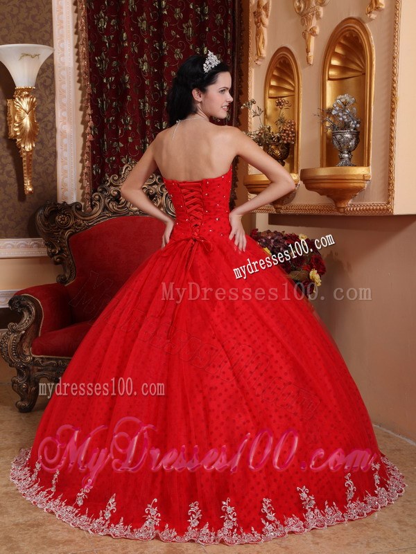 Popular Red Sweet 15 Dresses Floor-length with Appliqued Hemline