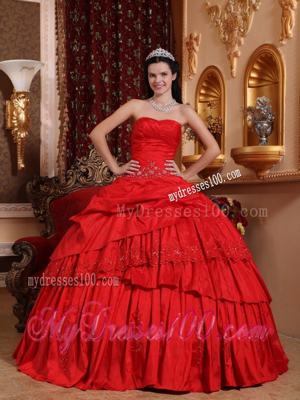 Attractive Sweetheart Red Taffeta Beading and Appliques Quinceanera Dress