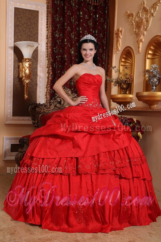 Attractive Sweetheart Red Taffeta Beading and Appliques Quinceanera Dress