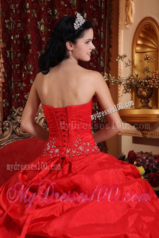 Attractive Sweetheart Red Taffeta Beading and Appliques Quinceanera Dress