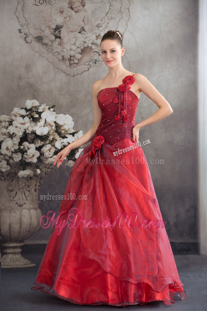 Cheap Red A-line Hand-made Flower Organza Sweet 16 Dresses