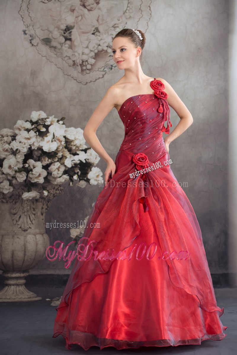 Cheap Red A-line Hand-made Flower Organza Sweet 16 Dresses