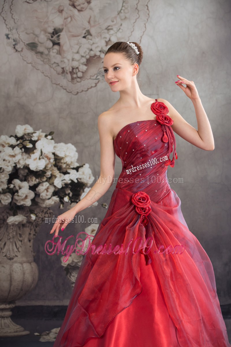 Cheap Red A-line Hand-made Flower Organza Sweet 16 Dresses