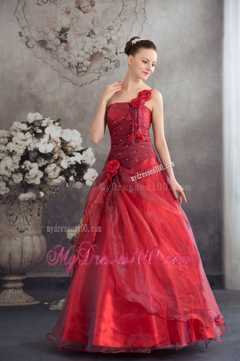 Cheap Red A-line Hand-made Flower Organza Sweet 16 Dresses