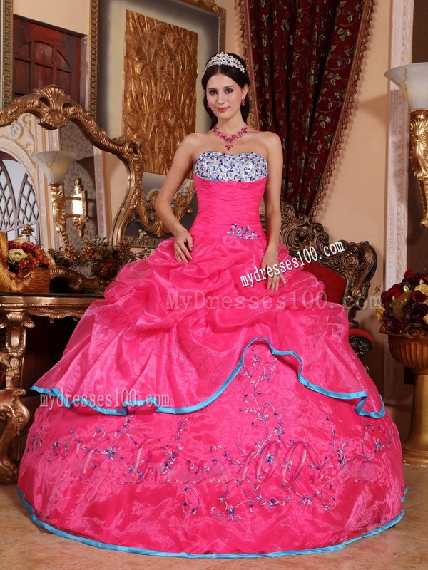 Hot Pink Strapless Appliques and Beading Quinceanera Dress with Blue Edge
