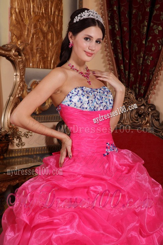 Hot Pink Strapless Appliques and Beading Quinceanera Dress with Blue Edge