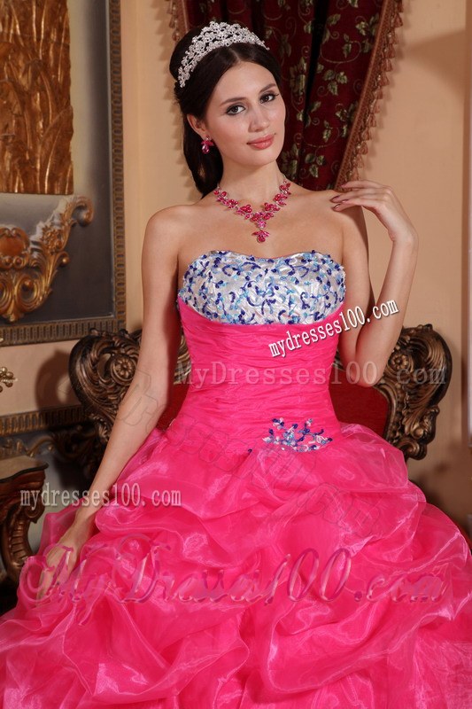 Hot Pink Strapless Appliques and Beading Quinceanera Dress with Blue Edge