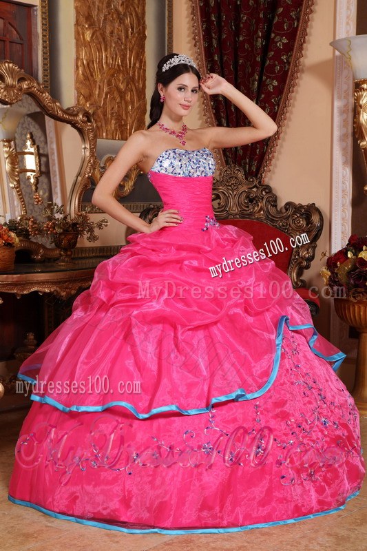 Hot Pink Strapless Appliques and Beading Quinceanera Dress with Blue Edge
