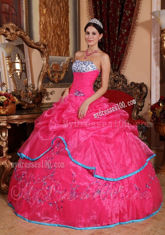 Hot Pink Strapless Appliques and Beading Quinceanera Dress with Blue Edge