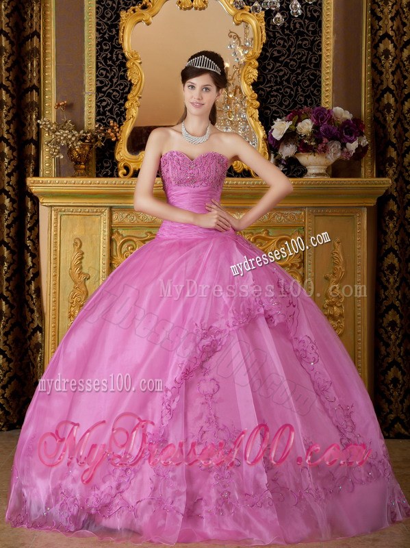 Rose Pink Sweetheart Appliques on Organza Quinceanera Dress
