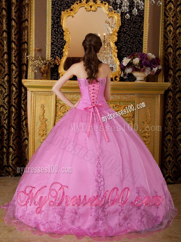 Rose Pink Sweetheart Appliques on Organza Quinceanera Dress