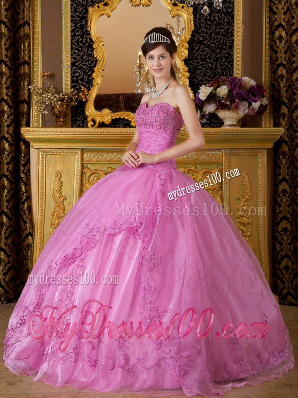 Rose Pink Sweetheart Appliques on Organza Quinceanera Dress