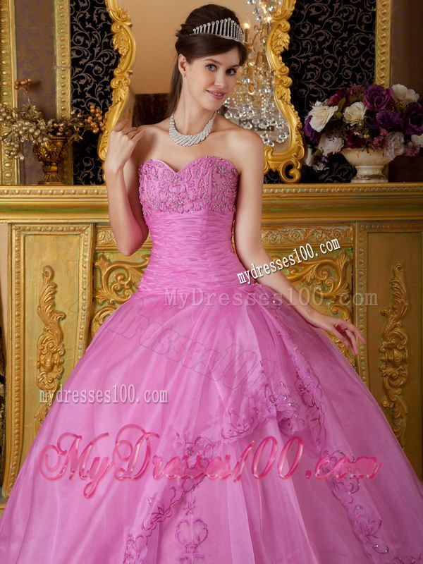 Rose Pink Sweetheart Appliques on Organza Quinceanera Dress