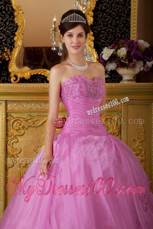 Rose Pink Sweetheart Appliques on Organza Quinceanera Dress