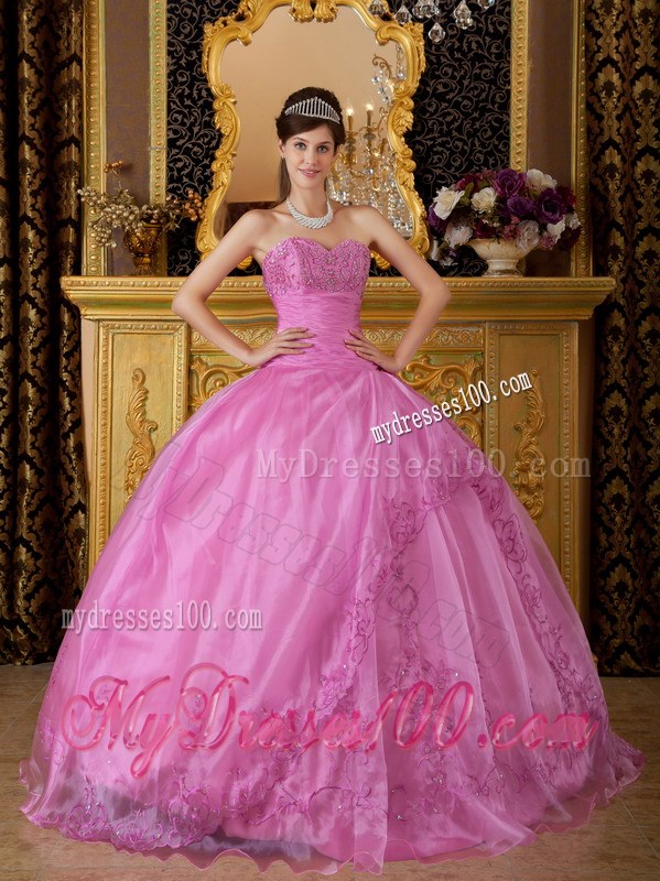 Rose Pink Sweetheart Appliques on Organza Quinceanera Dress