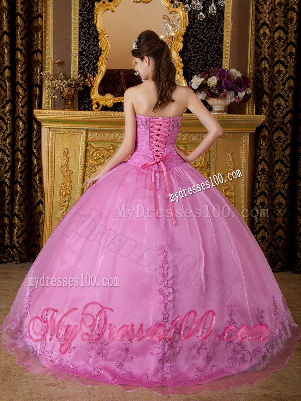 Rose Pink Sweetheart Appliques on Organza Quinceanera Dress