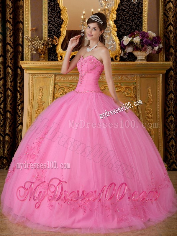 Sweetheart Floor-length Tulle Appliqued Rose Pink Dress for Sweet 15