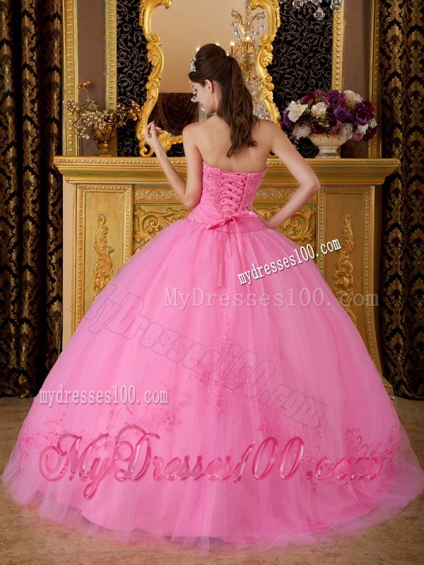 Sweetheart Floor-length Tulle Appliqued Rose Pink Dress for Sweet 15