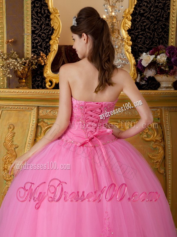 Sweetheart Floor-length Tulle Appliqued Rose Pink Dress for Sweet 15