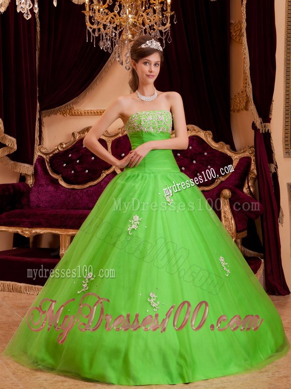 Grace Spring Green Princess Strapless Appliques Sweet 16 Dresses