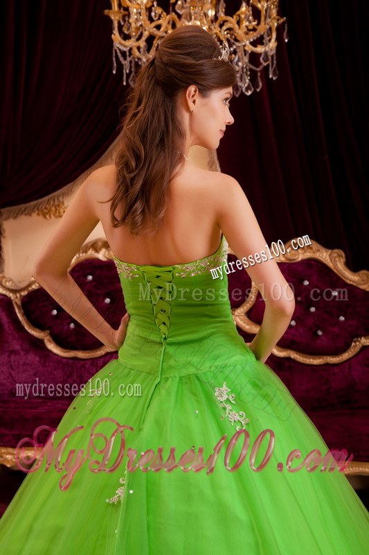 Grace Spring Green Princess Strapless Appliques Sweet 16 Dresses