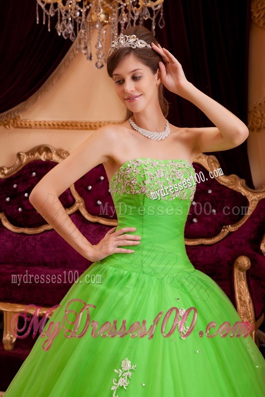 Grace Spring Green Princess Strapless Appliques Sweet 16 Dresses