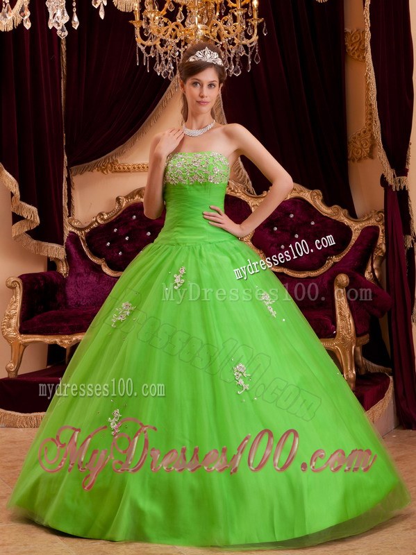 Grace Spring Green Princess Strapless Appliques Sweet 16 Dresses