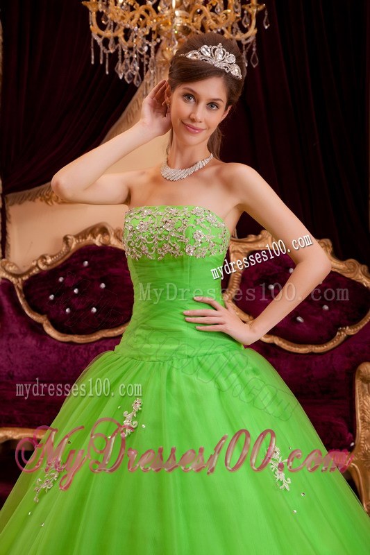 Grace Spring Green Princess Strapless Appliques Sweet 16 Dresses