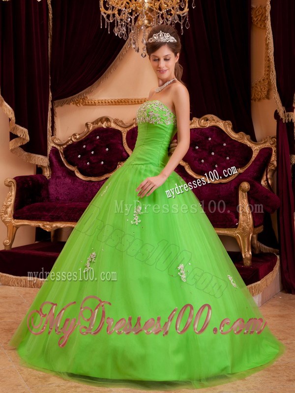 Grace Spring Green Princess Strapless Appliques Sweet 16 Dresses