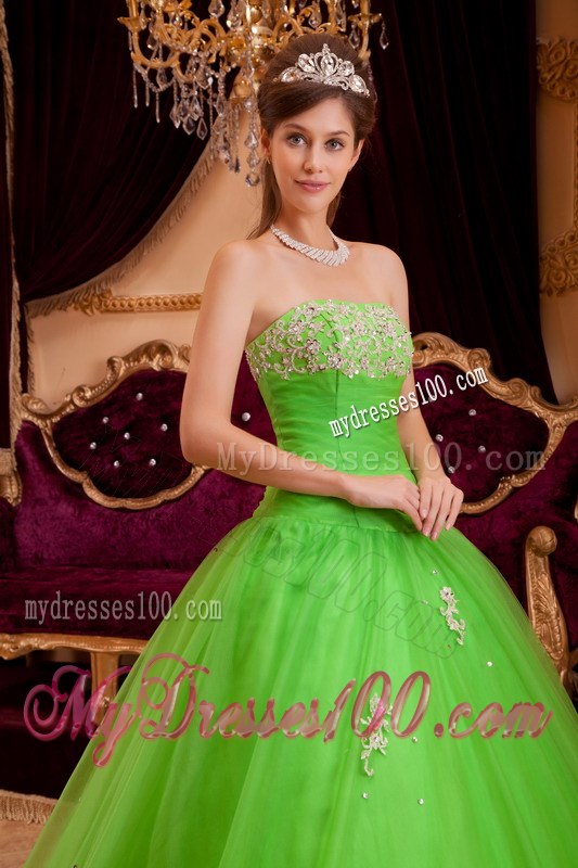 Grace Spring Green Princess Strapless Appliques Sweet 16 Dresses