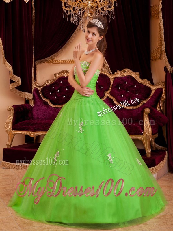 Grace Spring Green Princess Strapless Appliques Sweet 16 Dresses