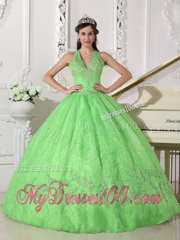 Lovely Spring Green Halter Top Taffeta and Organza Appliques Quince Dresses