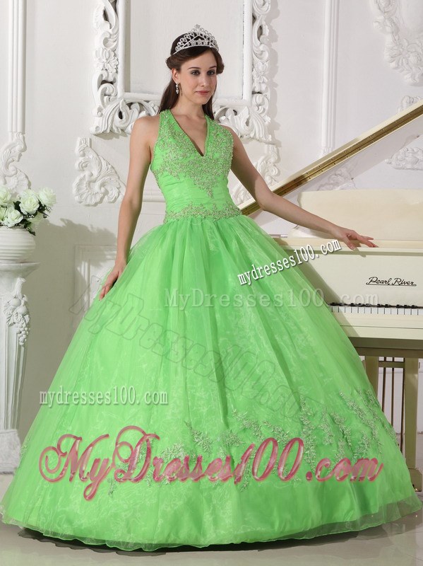 Lovely Spring Green Halter Top Taffeta and Organza Appliques Quince Dresses