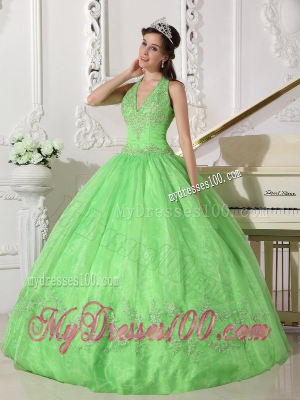 Lovely Spring Green Halter Top Taffeta and Organza Appliques Quince Dresses