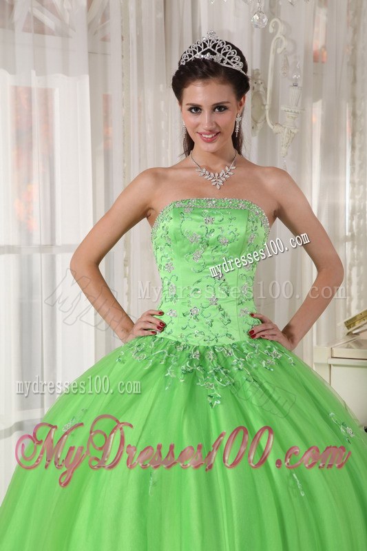 Spring Green Ball Gown Appliques Strapless Quinceanera Dress