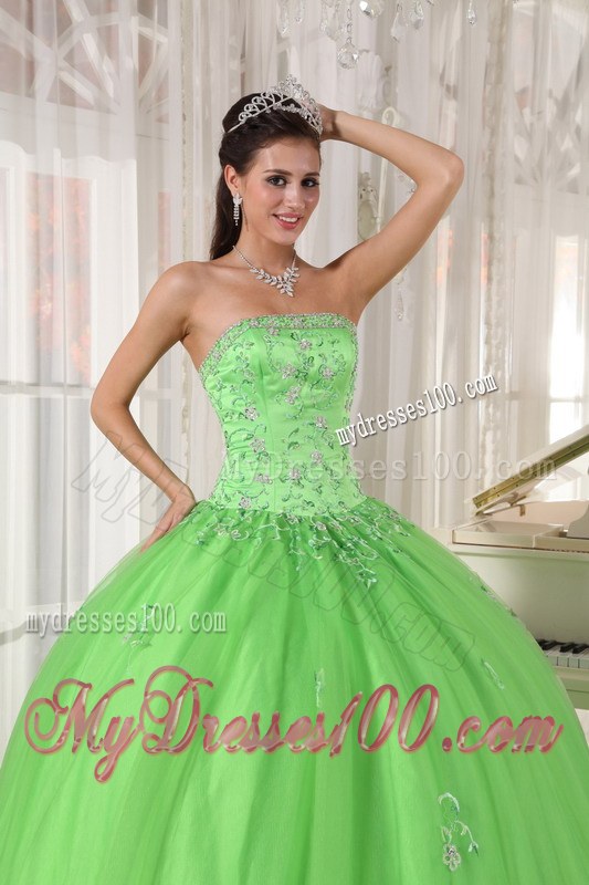 Spring Green Ball Gown Appliques Strapless Quinceanera Dress