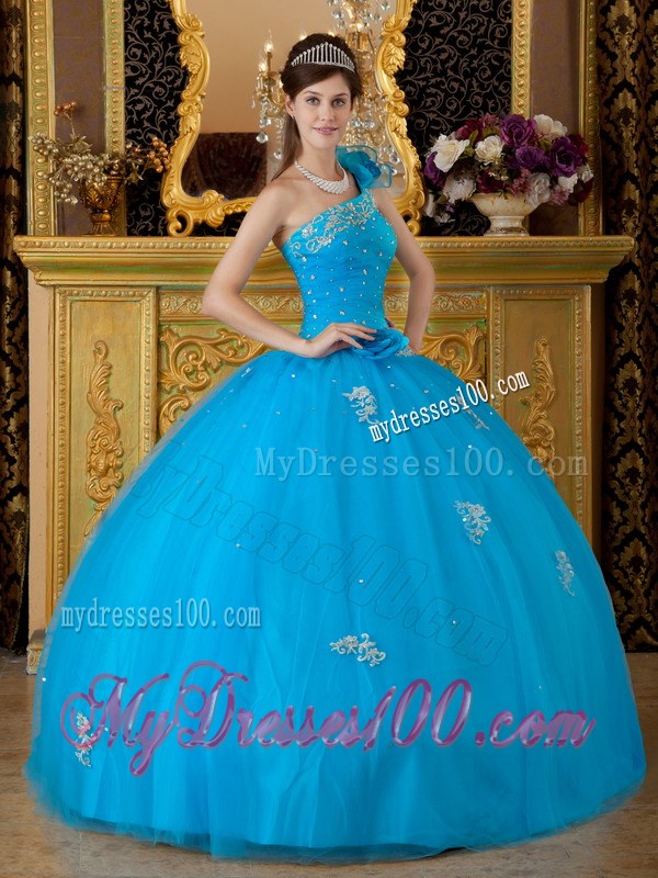 Teal One Ruffle Shoulder Floor-length Tulle Appliques Sweet 15 Dresses