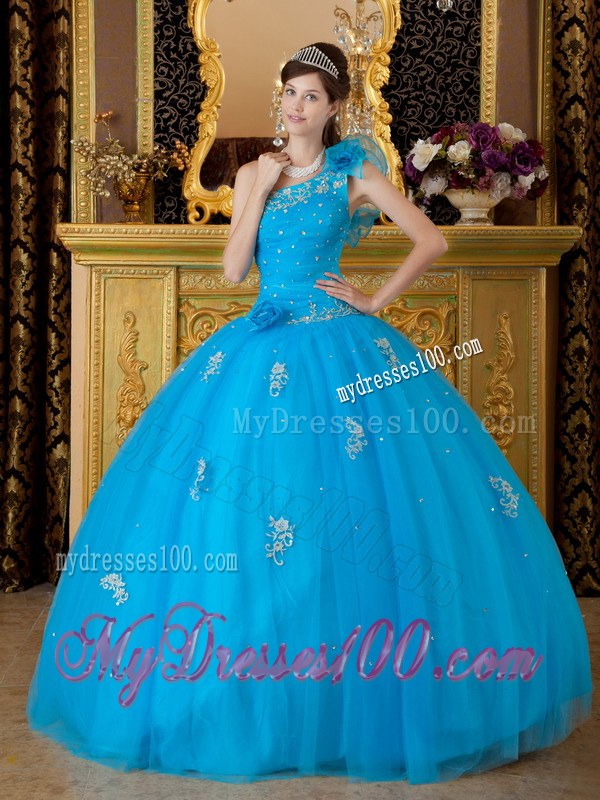 Teal One Ruffle Shoulder Floor-length Tulle Appliques Sweet 15 Dresses