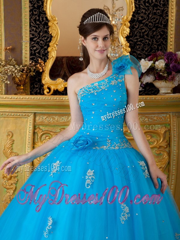 Teal One Ruffle Shoulder Floor-length Tulle Appliques Sweet 15 Dresses