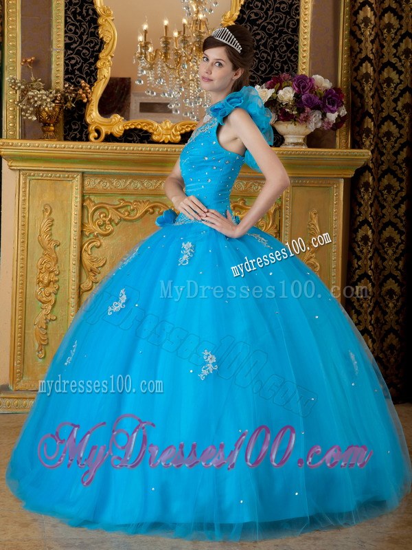 Teal One Ruffle Shoulder Floor-length Tulle Appliques Sweet 15 Dresses