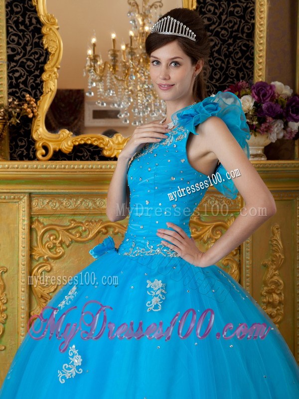 Teal One Ruffle Shoulder Floor-length Tulle Appliques Sweet 15 Dresses