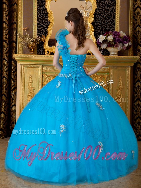 Teal One Ruffle Shoulder Floor-length Tulle Appliques Sweet 15 Dresses