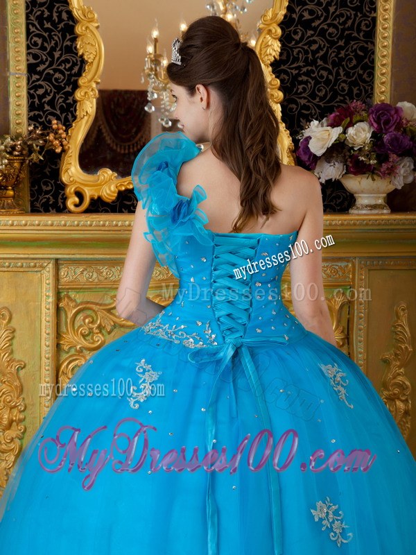 Teal One Ruffle Shoulder Floor-length Tulle Appliques Sweet 15 Dresses