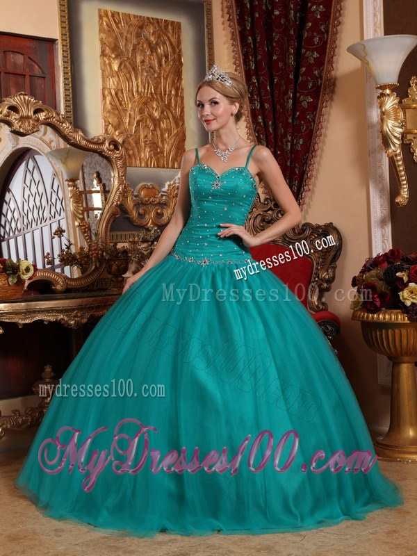Trendy Teal Spaghetti Straps Beading and Ruches Tulle Quinceneara Dress