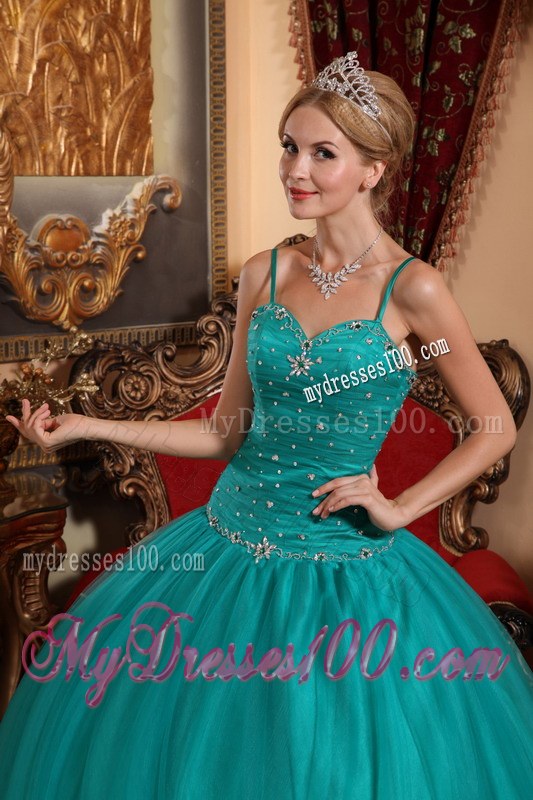 Trendy Teal Spaghetti Straps Beading and Ruches Tulle Quinceneara Dress