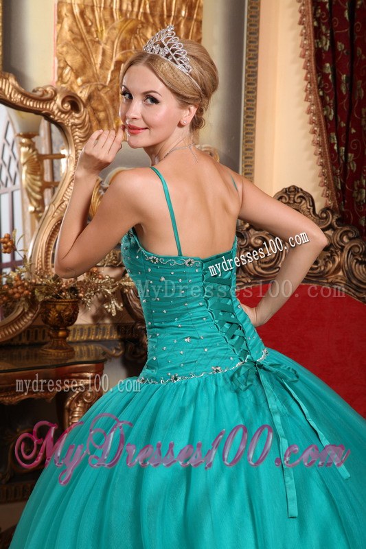 Trendy Teal Spaghetti Straps Beading and Ruches Tulle Quinceneara Dress