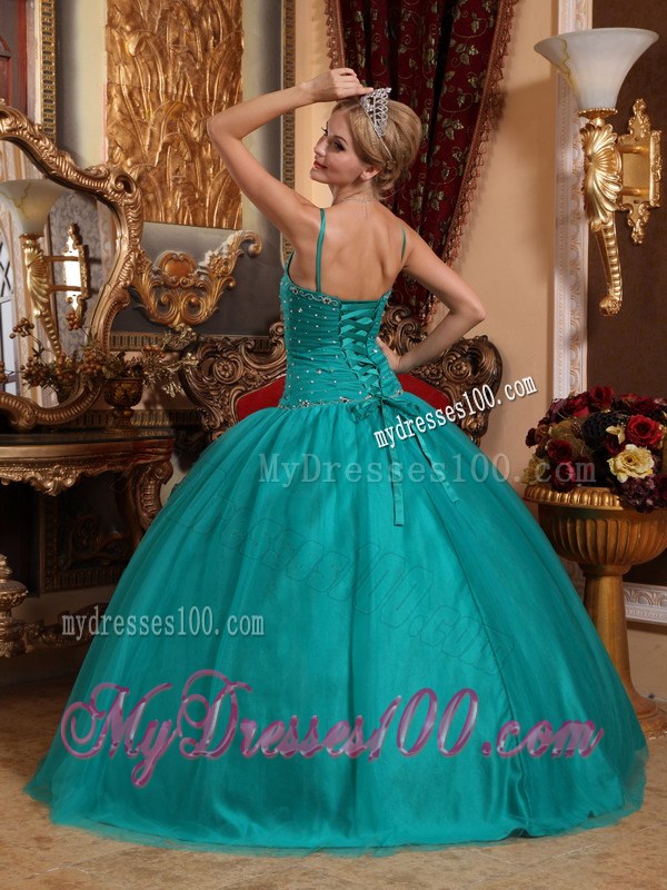 Trendy Teal Spaghetti Straps Beading and Ruches Tulle Quinceneara Dress