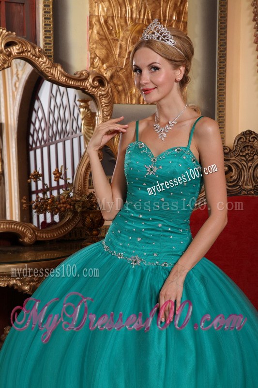 Trendy Teal Spaghetti Straps Beading and Ruches Tulle Quinceneara Dress