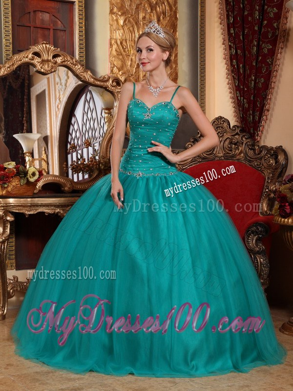 Trendy Teal Spaghetti Straps Beading and Ruches Tulle Quinceneara Dress