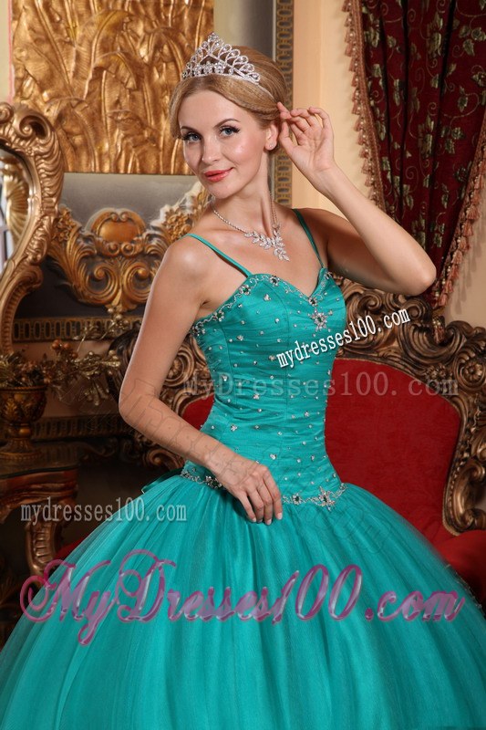 Trendy Teal Spaghetti Straps Beading and Ruches Tulle Quinceneara Dress